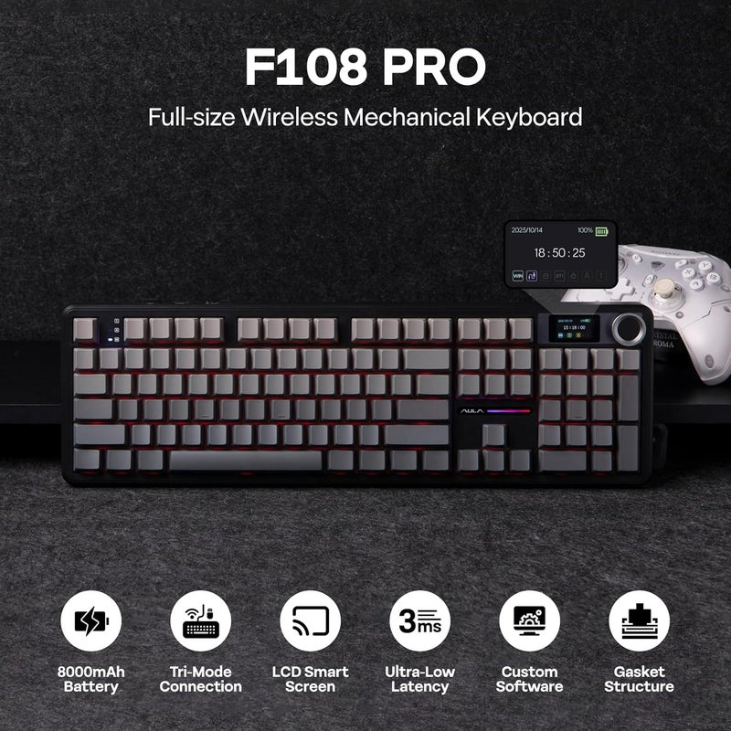 EPOMAKER X Aula F108 PRO Wireless Gaming Keyboard with Screen, 8000mAh Battery, 104 Hot-Swappable and Programmable Keys and Knob, RGB Backlight, for Mac/PC/Android (Black Gradient) - Image 2